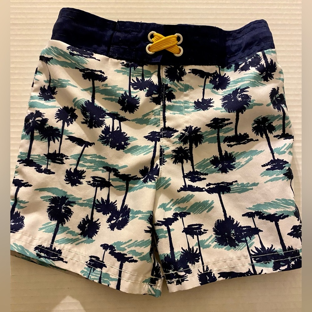 Cat & Jack Boys Swim Trunks White With Navy Blue Palm Trees Size S (3T).